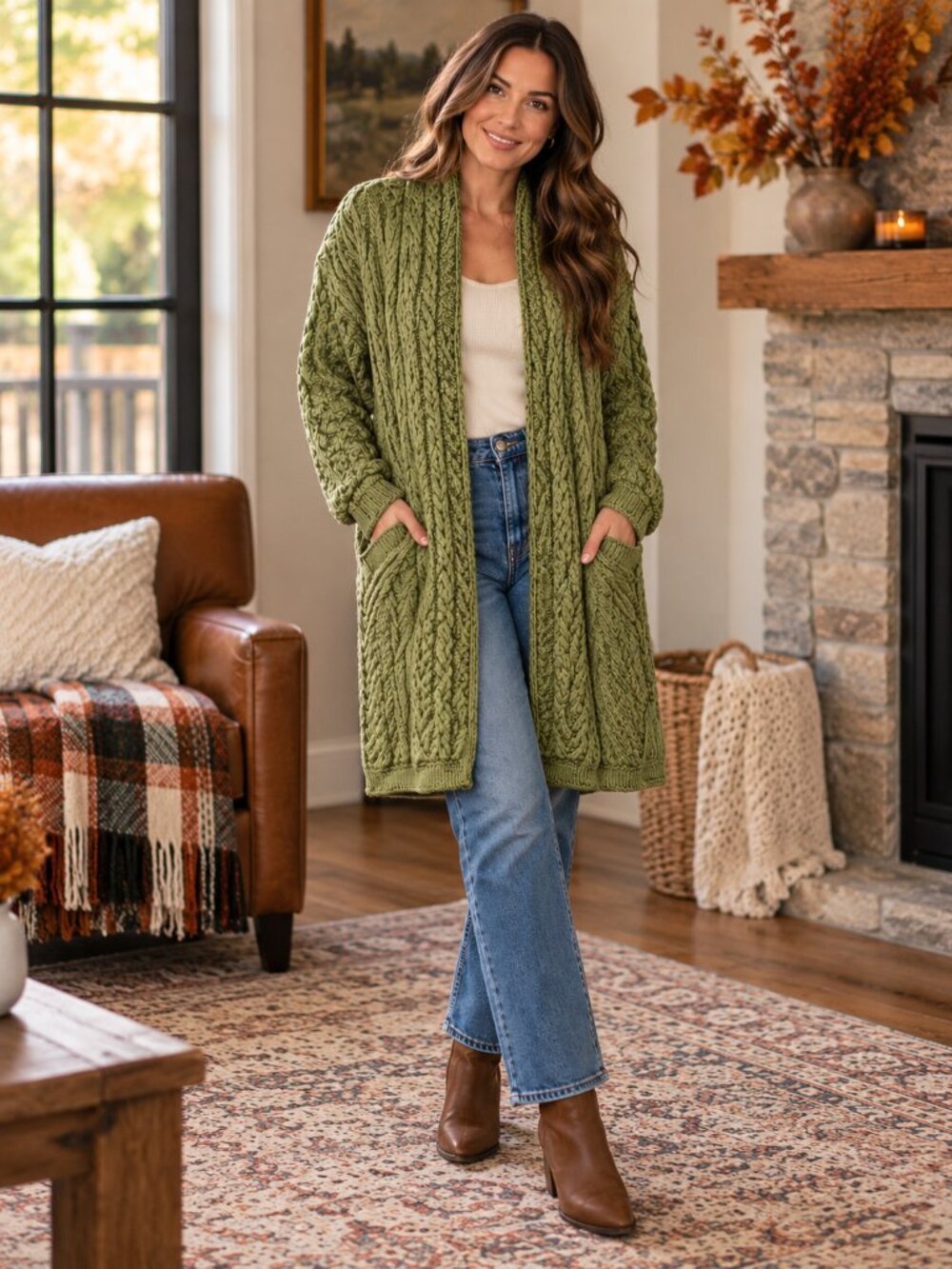 Aran Crafts Ireland Merino Wool Cable Knit Cardigan L Green Long Irish Sweater